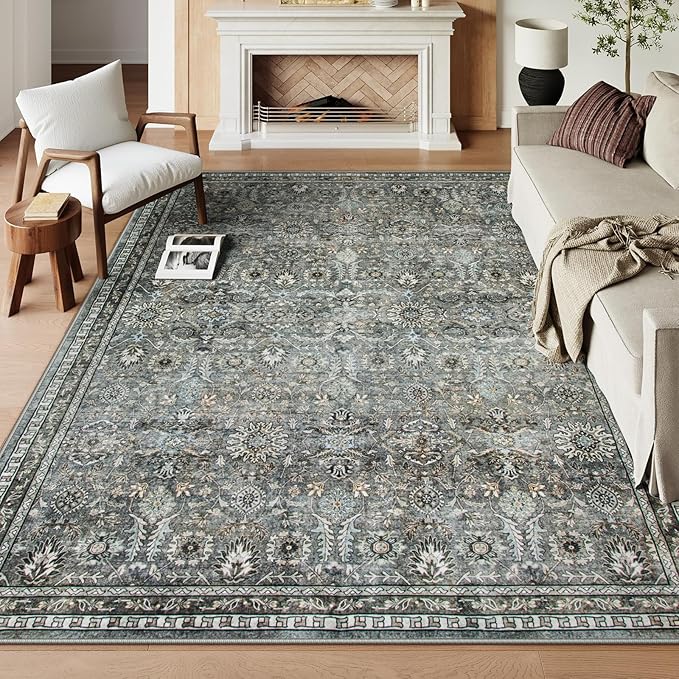 Lahome Black Floral Living Room Rug 8x10, Washable Charcoal Area Rugs for Bedroom, Soft Pet Friendly Stain Resistant Floor Carpets for Dining Room Decor
