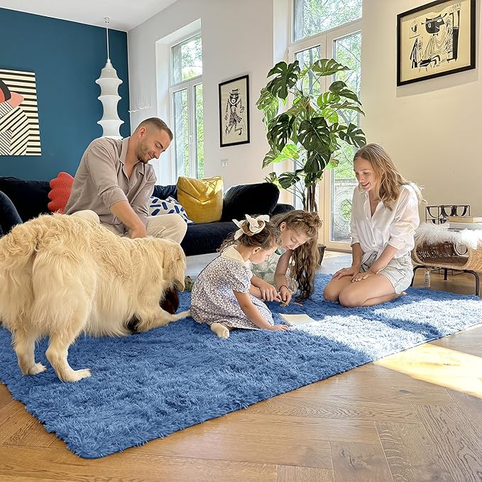 OLANLY 2x3 Machine Washable Small Bedside Rug, Soft Fluffy Shaggy Entryway Throw Rugs for Bedroom, Living Room, Indoor Floor Carpet for Kids Girls and Boys, Home Decor Aesthetic, Blue