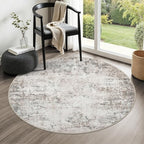Round Area Rug for Living Room: 4 ft Washable Modern Abstract Soft Thin Rug Indoor Floor No Slip Stain Resistant Carpet for Bedroom Dining Room Farmhouse Nursery Home Office - Brown Grey