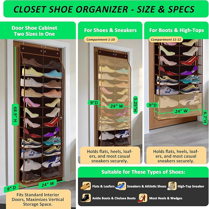 24-Pair Over Door Shoe Organizer for Family & Kids, Double Sided | Hanging Storage for Sneakers, Boots, Toys & Room Organization-Pearl Whitet-Walnut Brown