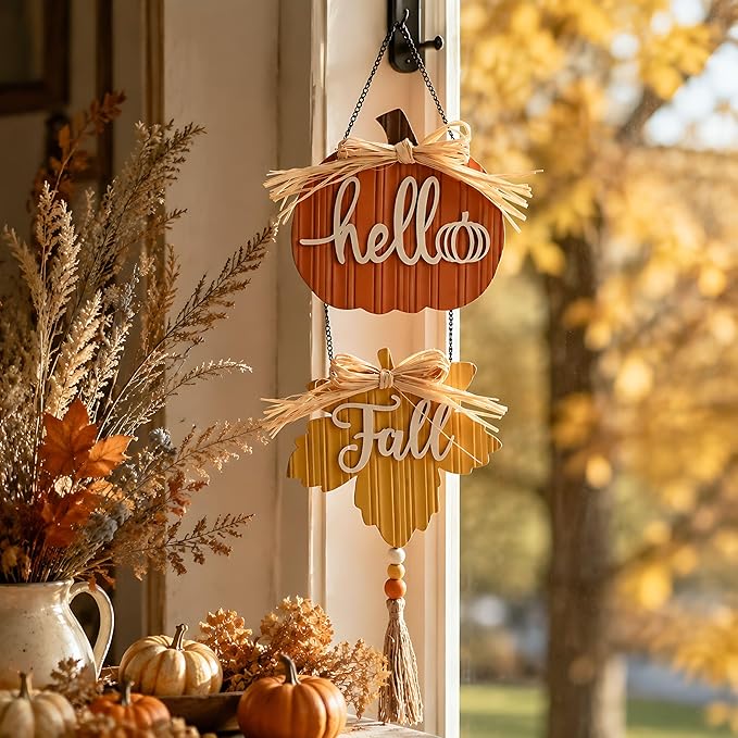 Valery Madelyn Fall Decorations for Home, Fall Wall Decor with Pumpkin and Maple Leaf, Rustic Farmhouse Fall Wreaths, Wooden Pumpkin Decor for Thanksgiving Autumn, 15 inch