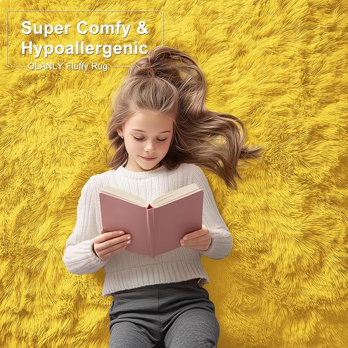 OLANLY 2x3 Machine Washable Small Bedside Rug, Soft Fluffy Shaggy Entryway Throw Rugs for Bedroom, Living Room, Indoor Floor Carpet for Kids Girls and Boys, Nursery Rooms, Home Decor Aesthetic, Yellow