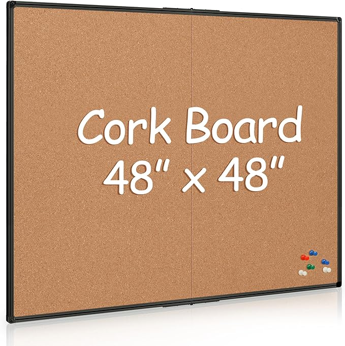 Extra Large Cork Bulletin Board 48" X 48", Foldable Notice Pin Board for Wall, Black Aluminum Framed 4'x4' Corkboard, Wall Mounted Noticeboard with 36 Push Pins for School, Home & Office