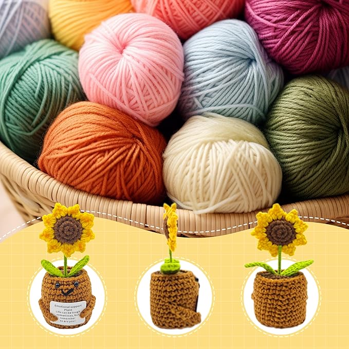 Positive Sunflower 5 inch Handmade Knitted Wool Doll with Positive Card for Cheer Up Gifts Emotional Support Crochet Sunflower Doll for Home Decoration