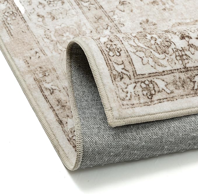 Taupe 5x7 Area Rug Washable Vintage Living Room Carpet Non Slip Retro Distressed Low Pile Soft Oriental Medallion Thin Throw Rug for Kitchen Bathroom Office Bedroom Dining Room