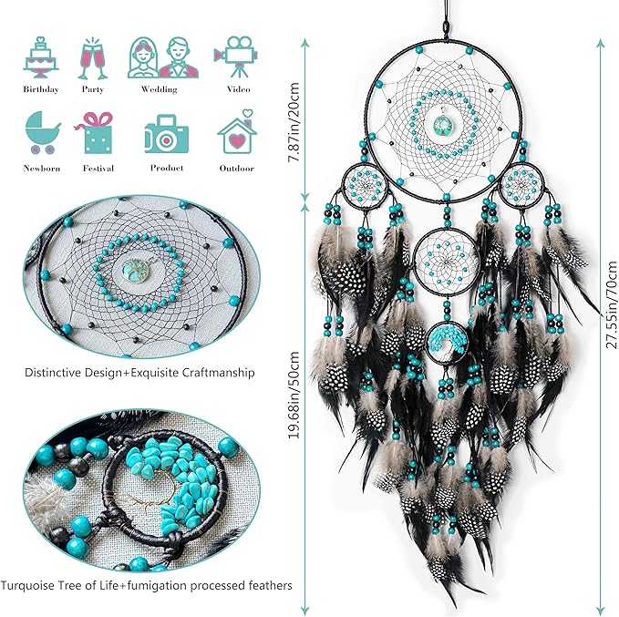 Large Dream Catchers, Boho Handmade Woven Black Dream Catchers Wall Hanging for Bedroom Living Room Dorm Room Decor, Adults Wedding Party Decor, Festival Blessing Gift (Turquoise & Black)