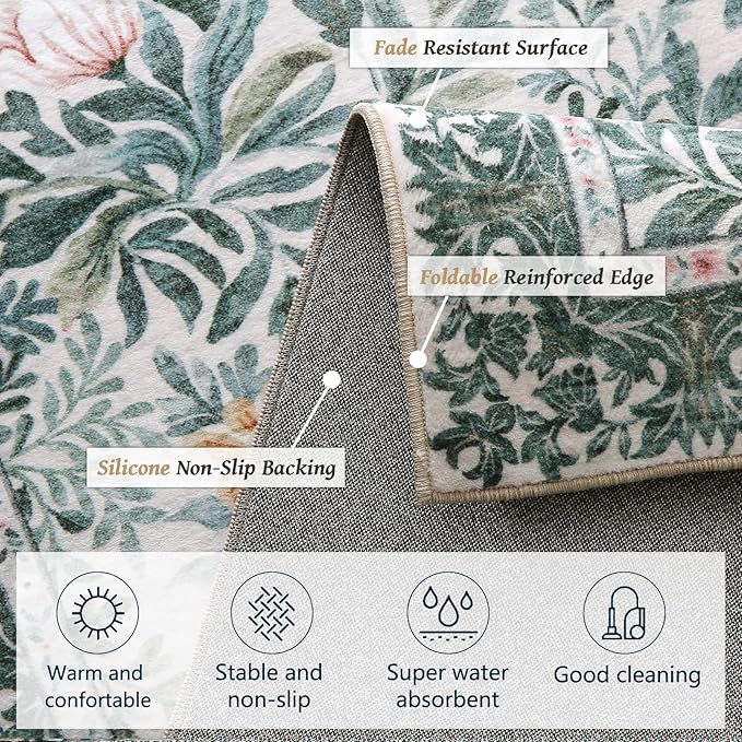 Botanical Floral Area Rug 4x6 Light Green Cream Vintage Garden Design, Perfect for Living Room, Bedroom, Kids Room, Nursery - Stain & Water Resistant Non-Slip, Pet & Child Friendly Area Rugs