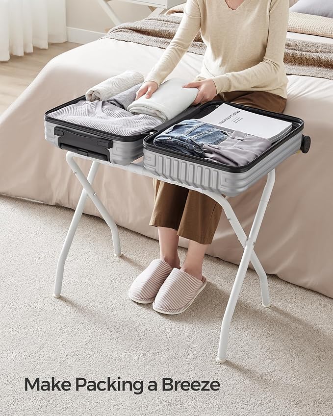 SONGMICS Luggage Rack, Set of 2, Luggage Racks for Guest Room, Suitcase Stand, Steel Frame, Foldable, for Bedroom, Cloud White URLR064W02