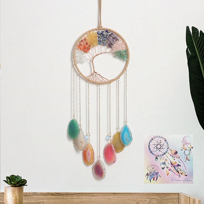 7 Chakra Crystal Tree of Life - Dreamsum Moon Dream Catchers with Chakra Agate Stone, Crystal Tree Life Wind Chimes Wall Hangings Decor for Bedroom Wedding Party Festival Blessing Gift