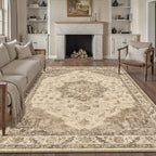 Brown Area Rug 9x12 Washable Vintage Carpet for Living Room Bedroom Large Soft Retro Low Pile Thin Indoor Rug Non Slip Oriental Medallion Floor Cover for Dining Room Office