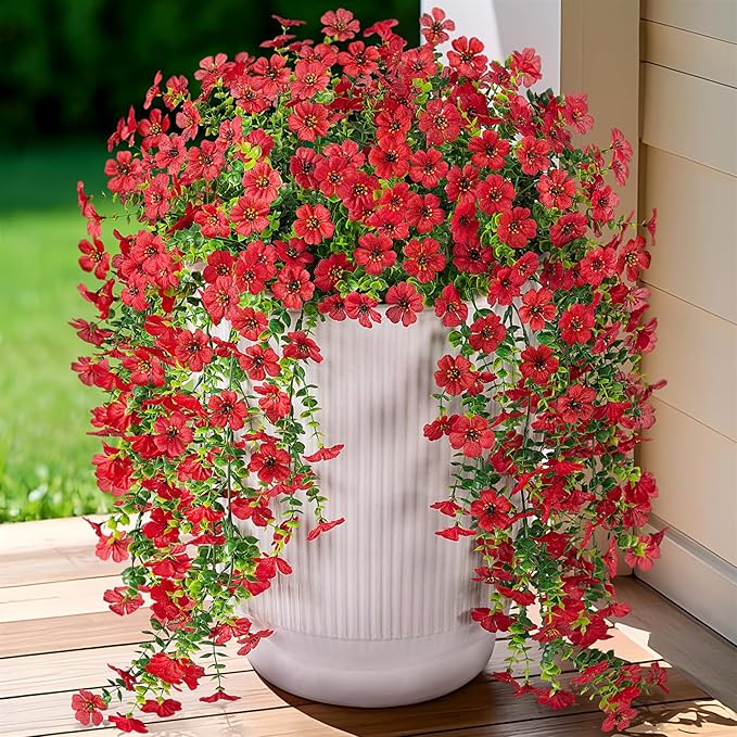 Artificial Hanging Flowers for Outdoors Fake Plants Decoration, 2 Pcs Faux Silk Daisy Flower Realistic Outdoor Flowers UV Resistant Porch Patio Window Yard Indoor Spring Decor(Red)