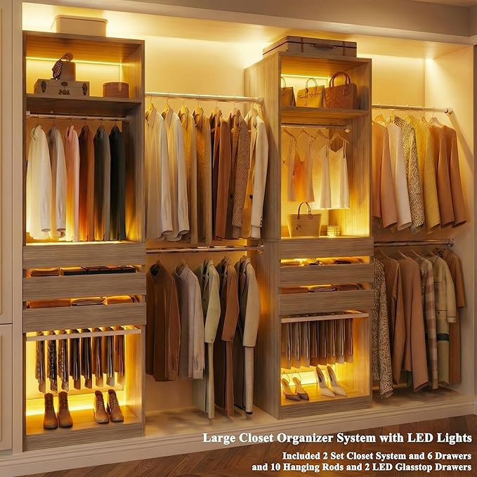 Closet System, 4-8FT Closet Organizer with 3 Wood Drawers & Glass Top, 102'' Walk in Closet with 5 Hang Rods & LED Lights & Trouser Rack, Built-in Wardrobe Clothes Rack with Shelves & Tower,White Oak