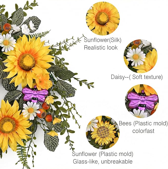 DecorbyHannah Spring Sunflower Summer Wreaths for Front Door Outside All Season, 18 Inch Artificial Flower Door Wreaths with Daisy and Bee, Sunflower Decor for Home Porch, Wedding Housewarming Gifts