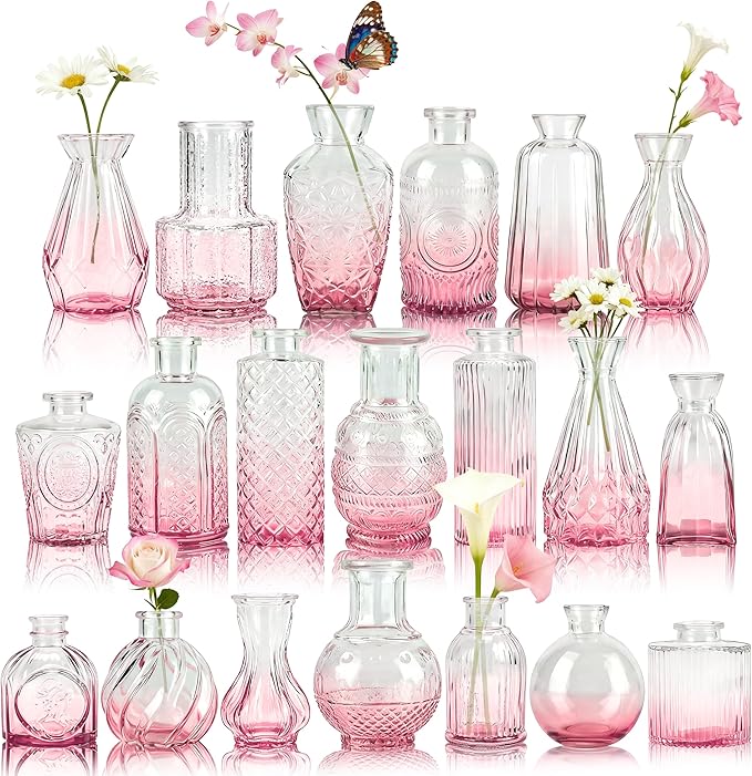Der Rose Pink Glass Bud Vases Set of 20, Small Bud Vases for Flowers, Rustic Wedding Centerpieces and Home Decor