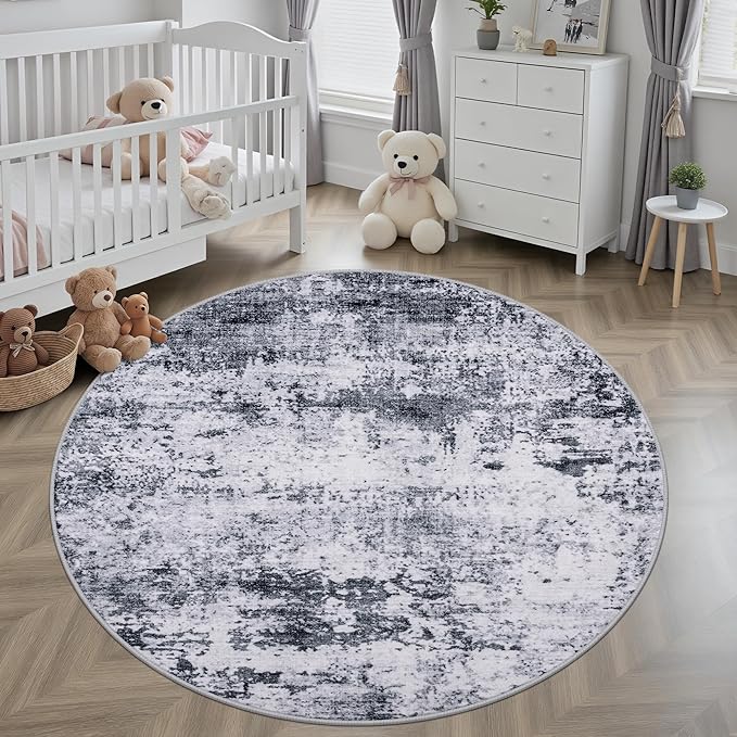 Round Area Rug for Living Room: 4 ft Washable Modern Abstract Soft Thin Rug Indoor Floor No Slip Stain Resistant Carpet for Bedroom Dining Room Farmhouse Nursery Home Office - Grey