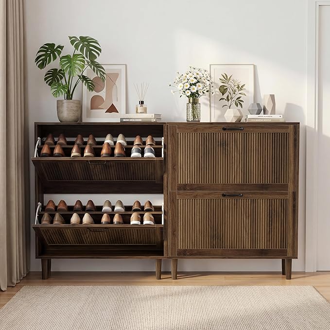 Smuxee Walnut Shoe Cabinet with 2 Flip Drawers, 31.5" Hidden Shoe Storage Cabinet with Small Fluted Doors, Freestanding Shoe Organizer Cabinet for Entryway, Hallway, Living Room