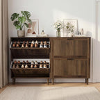 Smuxee Walnut Shoe Cabinet with 2 Flip Drawers, 31.5" Hidden Shoe Storage Cabinet with Small Fluted Doors, Freestanding Shoe Organizer Cabinet for Entryway, Hallway, Living Room