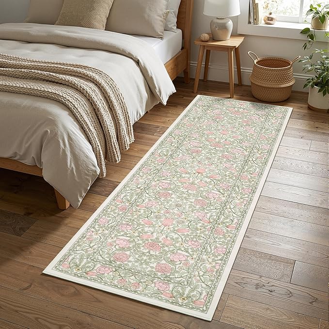 GarveeHome Pink and Green Vintage Floral 2x6 Runner Rug Washable Kitchen Rugs Non Slip Boho Long Rug for Hallways Bedroom Entryway Bathroom Mat with Rubber Back Beige