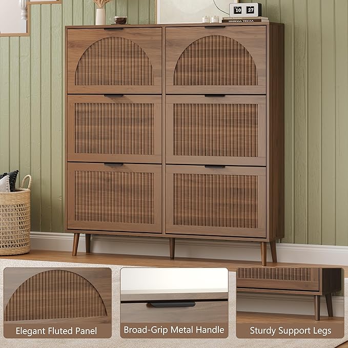 Shoe Cabinet for Entryway with 6 Flip Drawers, Slim Wooden Shoe Storage Organizer with Modern Fluted Pannel，Freestanding Narrow Hidden Shoe Rack for Hallway, Foyer, Living Room