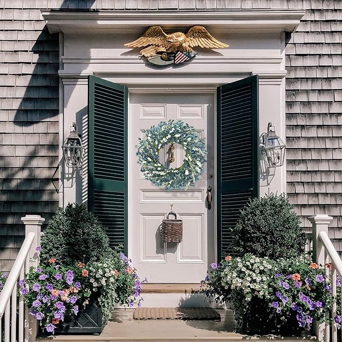 22 Inch Blue Floral Wreath for Front Door, Artificial Spring Summer Wreath with Free Pink Sash, All Seasons Eucalyptus Greenery Wreath for Indoor Outdoor Home Wall Wedding Decor