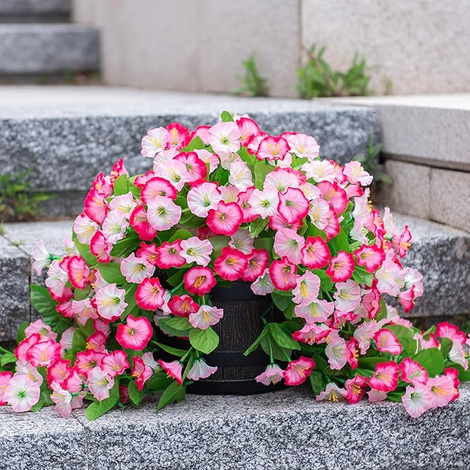 Artificial Flowers with Hanging Basket, Outdoor Faux Plants Silk Morning Glory Vines, Fake Green Arrangement for Garden Patio Spring Summer Decor (Pink)