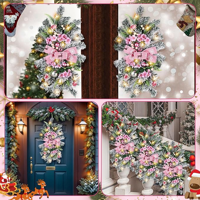 Lyrow 4 Pcs Cordless Prelit Christmas Artificial Swags 24" Xmas Stairway Swag Teardrop Trim with Timer Christmas Staircase Decoration Battery Operated Garland for Indoor Outdoor Railing Decor, Pink