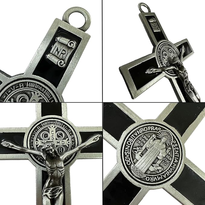 BONITTER Antique Silver Crucifix Wall Cross-St. Benedict Metal Wall Art-5.0 InchX2.7 Inch Black White Brown Enamel Give Blessing and The Spiritual Sacred:Faith Gift for your Acquaintances (Black)