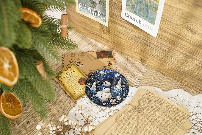 Warming Snowman Christmas Ornaments 2026, Blue & White Winter Forest Decoration for Holiday Tree Window Car, Snowman Decor for Home, Christmas Decorations, Winter Gifts for Friends Family Coworkers
