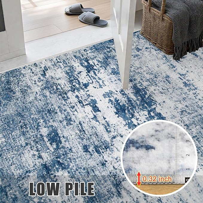 6x6 Area Rug Living Room Rug: Washable Modern Abstract Soft Thin Rug Indoor Floor No Slip Stain Resistant Carpet for Bedroom Dining Room Farmhouse Nursery Home Office - Blue