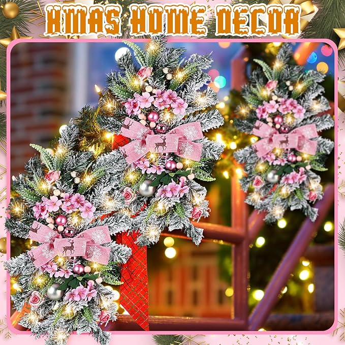 Lyrow 4 Pcs Cordless Prelit Christmas Artificial Swags 24" Xmas Stairway Swag Teardrop Trim with Timer Christmas Staircase Decoration Battery Operated Garland for Indoor Outdoor Railing Decor, Pink