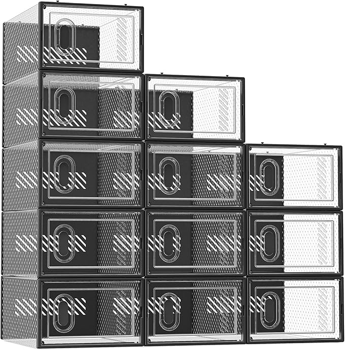 Shoe Storage, 12 Pack Shoe Organizer for Closet, Shoe Boxes Clear Plastic Stackable Shoe Containers with Lids for Size 10, Black