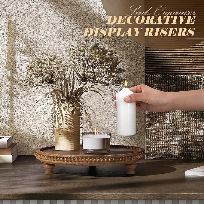 EOSAHR Round Pine Wooden Display Riser - Beaded Wood Riser for Plant, Sponge Holder & Perfume Organizer - Rustic Display Stand Kitchen Counter Organizer, Boho Chic Home Decor for Living Room(Brown)
