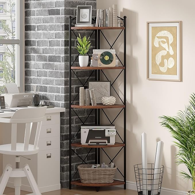 VECELO 5 Tier Corner Shelf Stand, 55.2" Tall Corner Bookshelf, Rustic Brown Storage Standing Shelf for Living Room, Plant Stand &Corner Bookcase for WallCorner, Living Room, Kitchen, Bedroom, Office