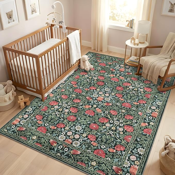 GarveeHome Green Vintage Floral Washable Rugs 5x7 for Living Room Boho Botanical Retro Rug Low Pile Stain Resistance Non Slip Carpet for Bedroom Nursery Dining Room