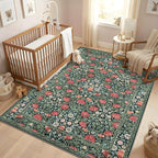 GarveeHome Green Vintage Floral Washable Rugs 5x7 for Living Room Boho Botanical Retro Rug Low Pile Stain Resistance Non Slip Carpet for Bedroom Nursery Dining Room