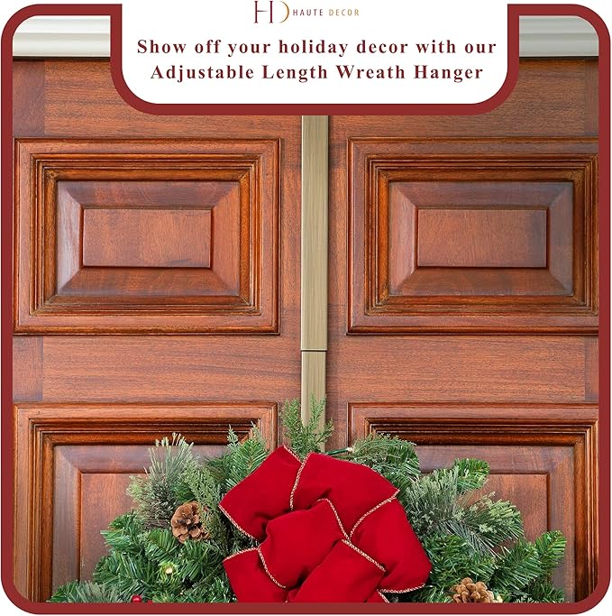 Haute Decor Adapt Adjustable Length Wreath Hanger 2-Pack (Antique Brass) - Two Front or Back Door Decor Holders, Extends from 16.5" to 25", Over Door Hanger with Pads on The Back, Holds up to 10 lbs.