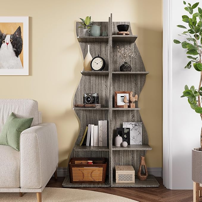 LITTLE TREE 70-Inch Corner Shelf, Seaweed Shaped Etagere Display Bookshelf, Freestanding 5-Tier Wall Shelves for Small Spaces, Living Room, Bedroom, Grey, 1 Pack