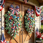 2 Pack 21'' 4th of July Swag Wreaths for Cabinets Independence Day Floral Teardrop Wreath with Artificial Flower and Eucalyptus Leaves Wreath Hanger for Farmhouse Front Door Porch Window Wall