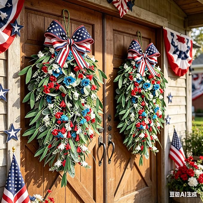 2 Pack 21'' 4th of July Swag Wreaths for Cabinets Independence Day Floral Teardrop Wreath with Artificial Flower and Eucalyptus Leaves Wreath Hanger for Farmhouse Front Door Porch Window Wall