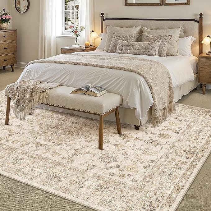 5x7 Beige Area Rug Washable Living Room Vintage Carpet Bedroom Distressed Non Slip Low Pile Thin Dining Room Office Medallion Accent Throw Rug