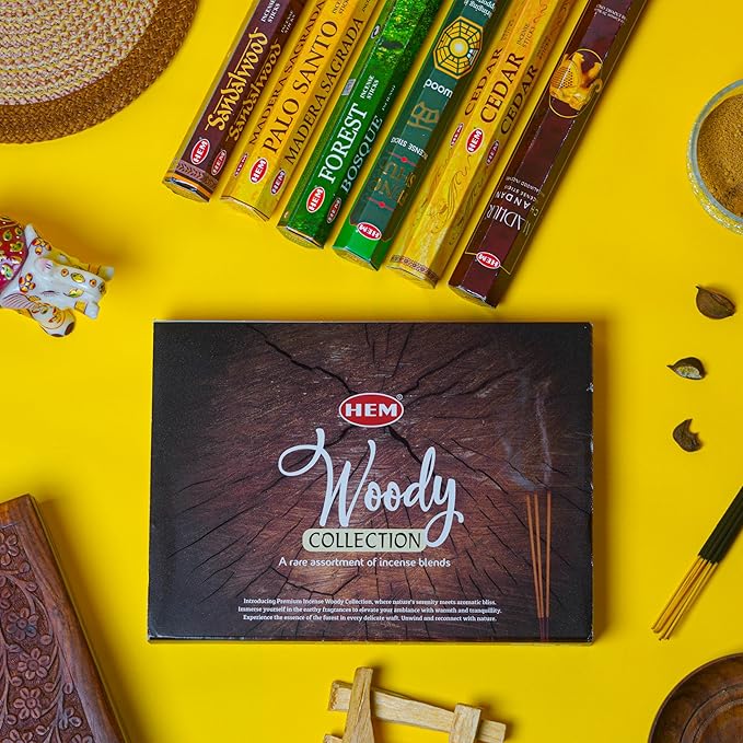 HEM Woody Series Premium Incense Sticks Combo | Sandalwood, Palo Santo, Forest, Feng Shui, Cedar & Madhur Chandan | 120 Sticks, 30-Minute Burn Time | Natural Aroma for Relaxation, Stress Relief