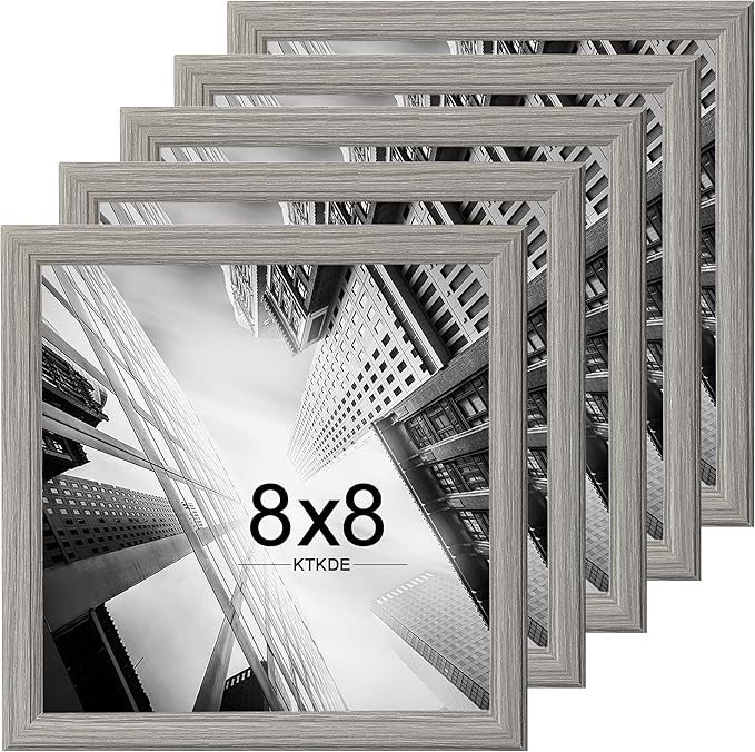 KTKDE 8x8 Picture Frame Set of 5, Wooden frames Grey, Wall Hanging for Tapletop Display, Best Square Photo Frame Studio Gallery for Photos, Posters & Art Prints