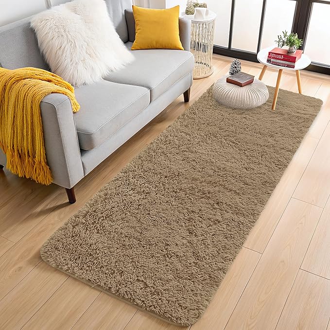 OLANLY 2x6 Machine Washable Runner Rugs for Hallway, Soft Fluffy Shaggy Bedside Rugs for Bedroom, Living Room, Indoor Floor Carpet for Kids Girls and Boys, Home Decor Aesthetic, Taupe