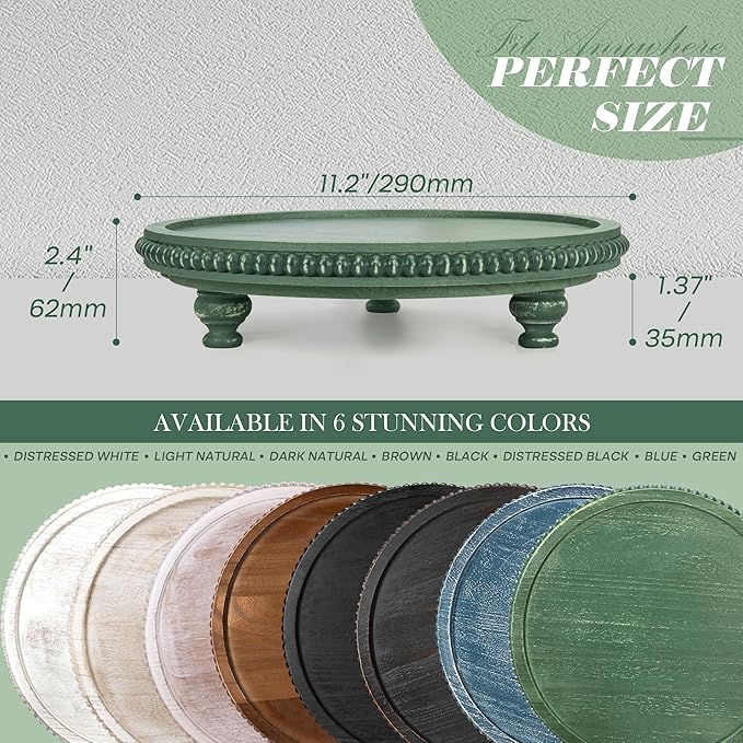 EOSAHR Round Pine Wooden Display Riser - Beaded Wood Riser for Small Plant Stand & Sink Sponge Holder, Perfume Display Stand - Rustic Kitchen Counter Organizer, Boho Chic Room Decor (Green)