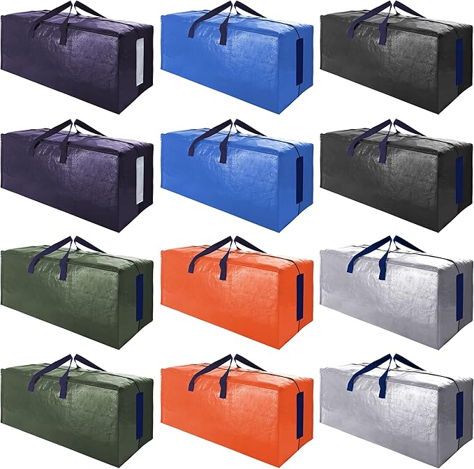 SWEET DOLPHIN 12 Pack Extra Large Moving Bags with Strong Zippers & Carrying Handles, Heavy Duty Storage Tote for Space Saving Moving Storage, Fold Flat, Alternative to Moving Box (Multicolored)