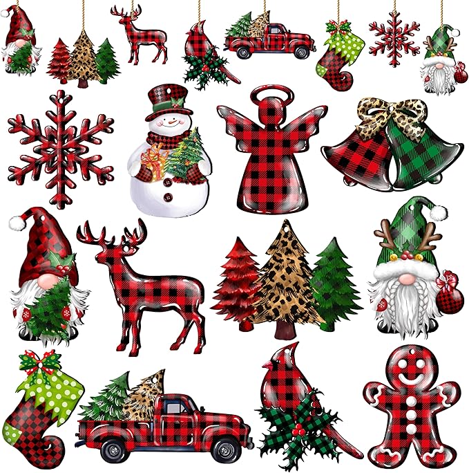 JOPHMO 24 Pieces Christmas Wood Ornaments Snowflake Gnome Snowman Truck Wooden Hanging Ornaments Christmas Tree Cutouts Wood Crafts Holiday Decor Xmas Party Supplies (Xmas-Mixed-A)