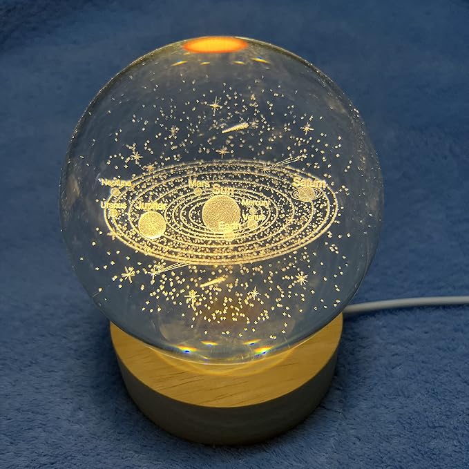 3.15" (80mm) Solar System Crystal Ball 3D Sun System Planets Model Globe with Wooden Base Home Decorative Ornament Astronomy Gifts for Lover Girlfriend