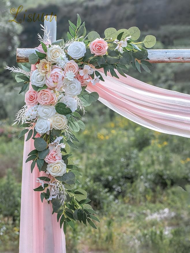 Lisuun Wedding Arch Flowers, Artificial Flowers for Decoration, 2pcs Flower Swag and 1 pcs Semi-Sheer Chiffon Table Runner Swag for Beautiful Dream Wedding Ceremony Floral Decor - Pack of 3