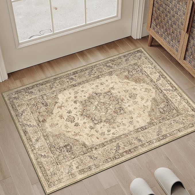 Brown Area Rug 2x3 Washable Vintage Small Carpet for Entryway Kitchen Soft Retro Low Pile Thin Door Mat Non Slip Oriental Medallion Throw Rug for Bathroom Office Bedroom Dining Room