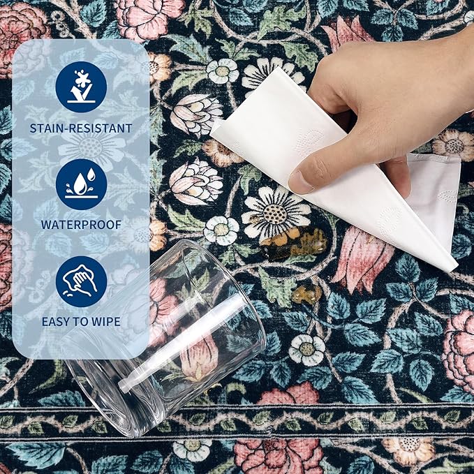 GarveeHome Indigo Blue and Pink Vintage Floral Washable 6x9 Area Rugs for Living Room Boho Retro Rug Low Pile Stain Resistance Non Slip Carpet for Bedroom Nursery Dining Room